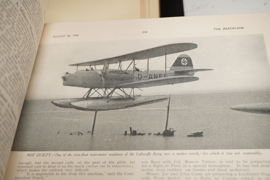 Seven bound volumes of 1930s issues of The Aeroplane magazine, ‘incorporating Aeronautical Engineering’, bound in half year volumes, covering July-Dec 1931, Jan-June 1932, a complete run of 1934, July-Dec 1935, July-Dec